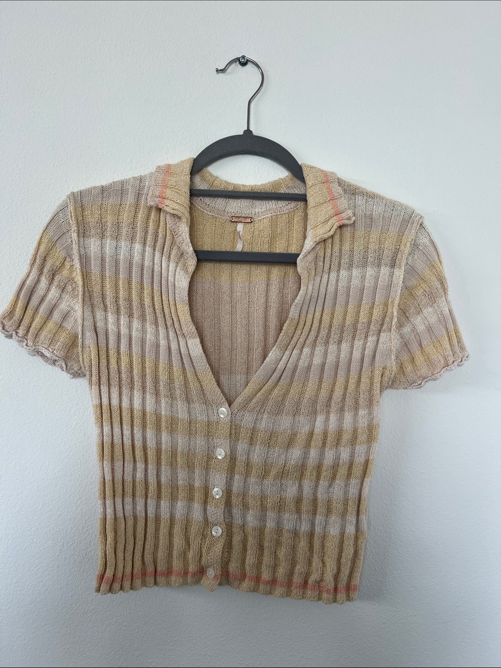 Free People Striped Ribbed Button-Down Top in Beige, Cream and Pale Yellow